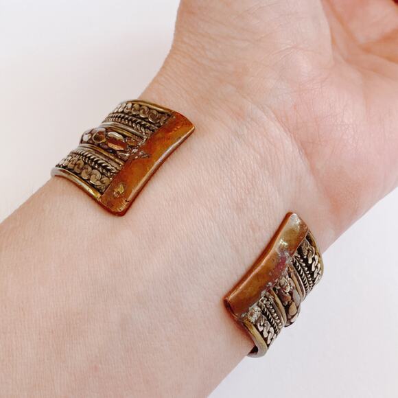 Vintage Boho Copper Mixed Metal Cuff Bracelet 1970s Ethnic Revival Jewelry - Picture 8 of 11